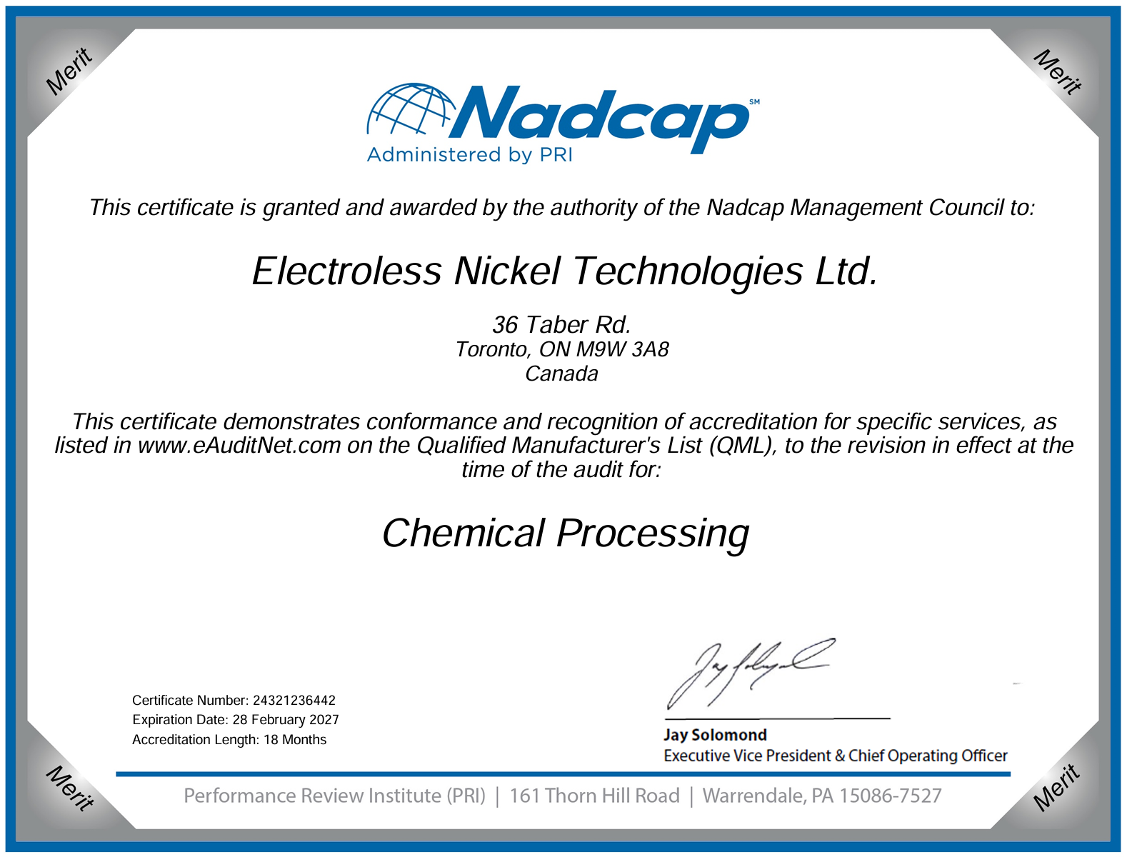 Nadcap Chemical Processing Certificate