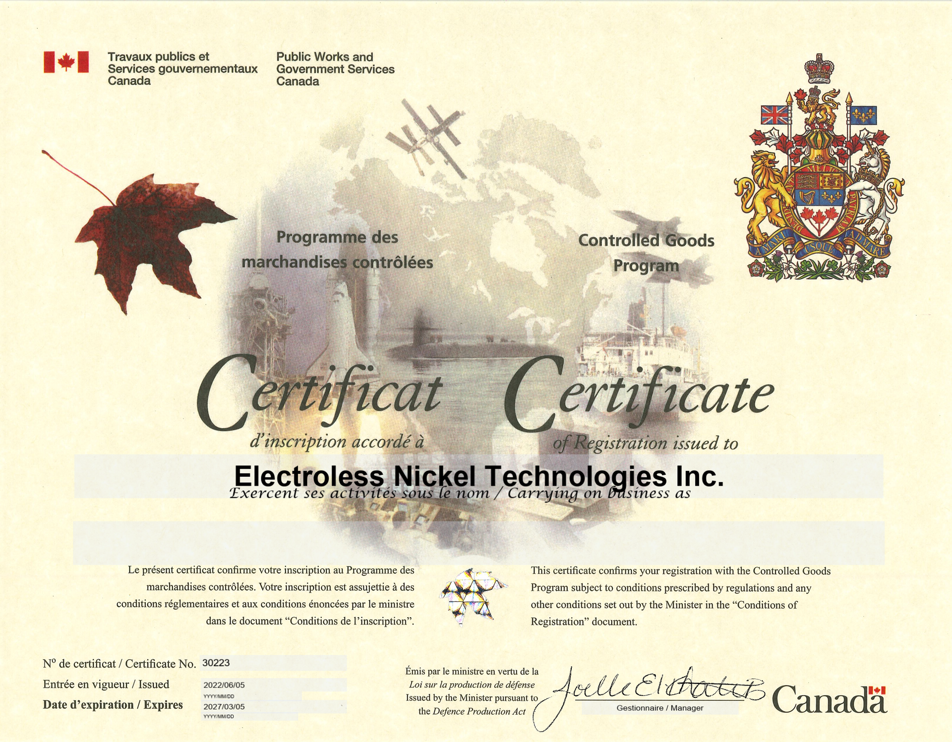 Controlled Goods Program Certificate